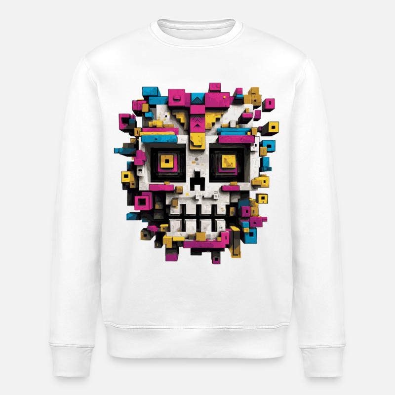 Geometrischer Schädel – bunte Pixel Art - Stanley/Stella Unisex Bio-Sweatshirt ROLLER - Weiß