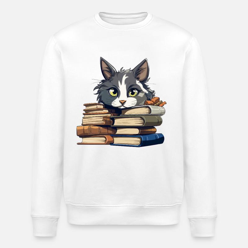 Bücherstapel Katze Bibliophile - Stanley/Stella Unisex Bio-Sweatshirt ROLLER - Weiß
