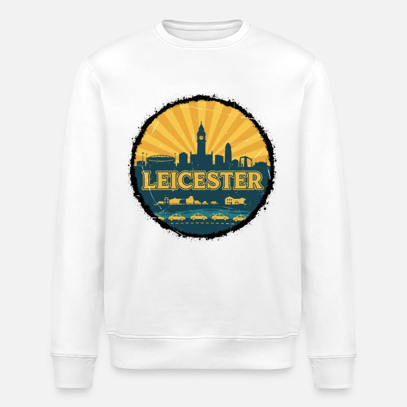 Leicester City Skyline Retro Sunset Abzeichen - Stanley/Stella Unisex Bio-Sweatshirt ROLLER - Weiß