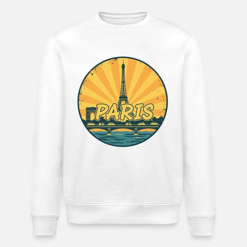 Paris City Skyline Eiffelturm Retro Sonnenuntergangsabzeichen - Stanley/Stella Unisex Bio-Sweatshirt ROLLER - Weiß
