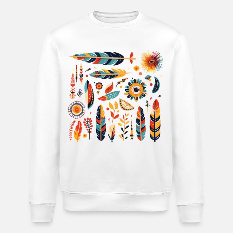 Boho Feather and Flowers Pattern - Stanley/Stella ROLLER Unisex Organic Sweatshirt - white