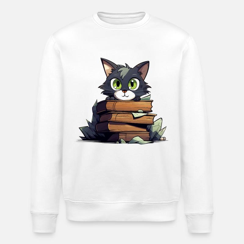 Cat Book Stack - Stanley/Stella ROLLER Unisex Organic Sweatshirt - white