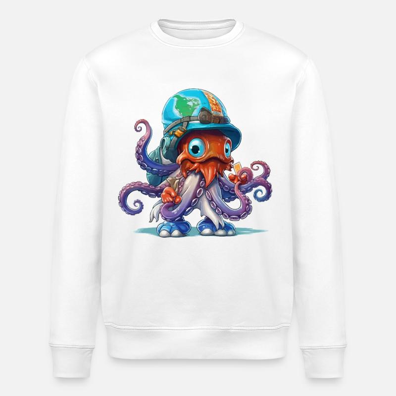 Oktopus Entdecker mit Weltkartenhelm - Stanley/Stella Unisex Bio-Sweatshirt ROLLER - Weiß