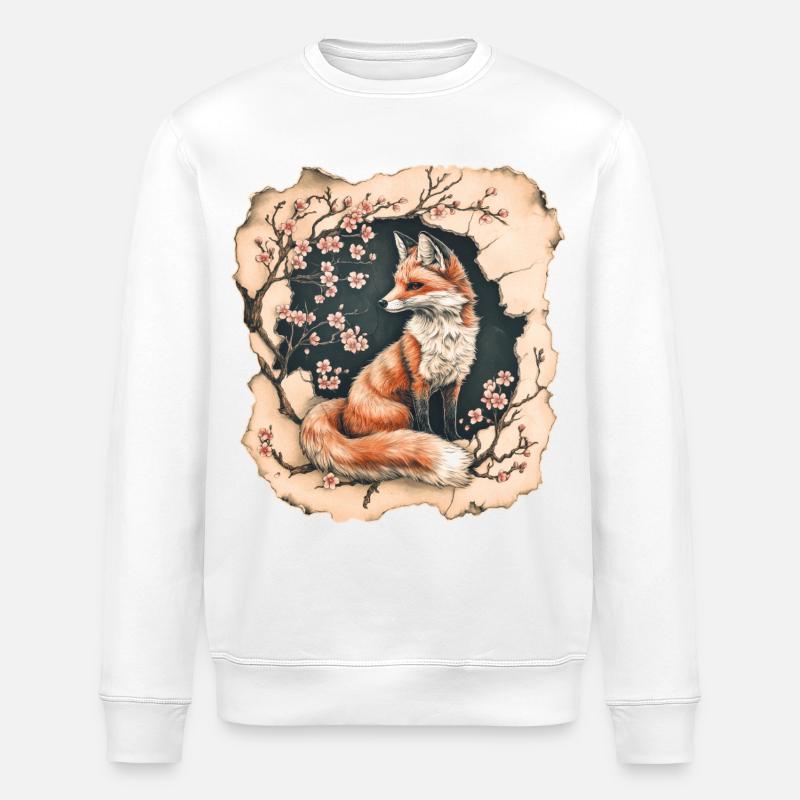 Fuchs mit Kirschblüten - Stanley/Stella Unisex Bio-Sweatshirt ROLLER - Weiß