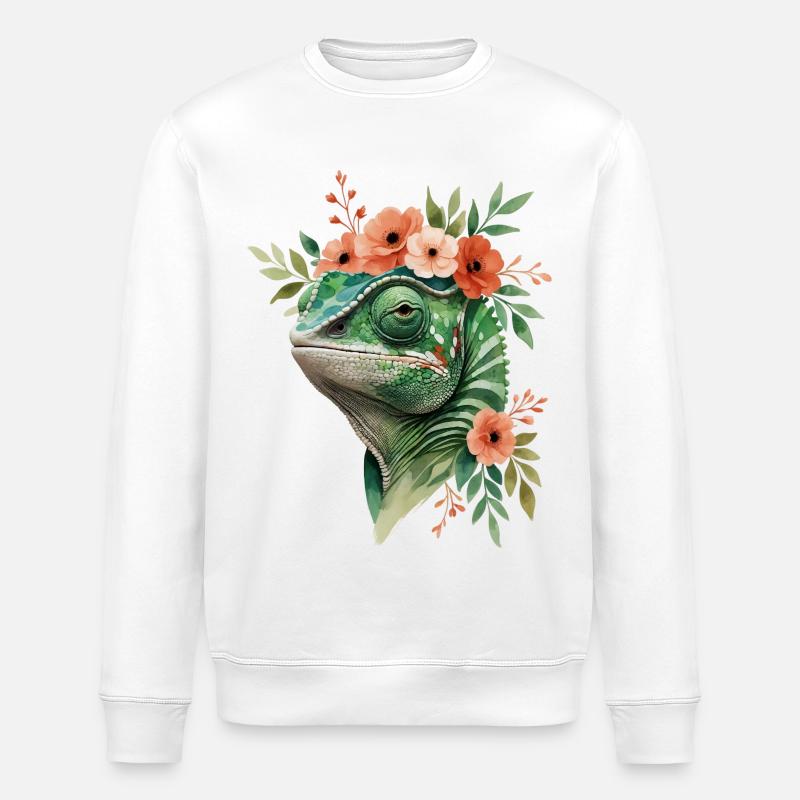 Couronne de fleurs avec caméléon - Sweat bio ROLLER Stanley/Stella Unisexe - blanc