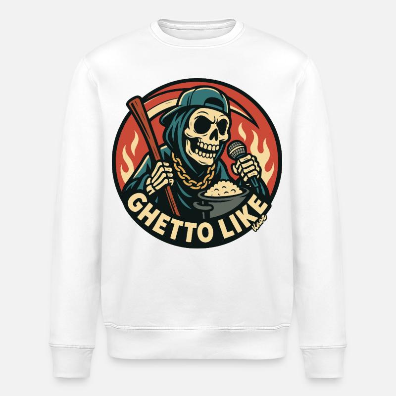 Skeleton with Microphone and Ghetto Like - Stanley/Stella ROLLER Unisex Organic Sweatshirt - white