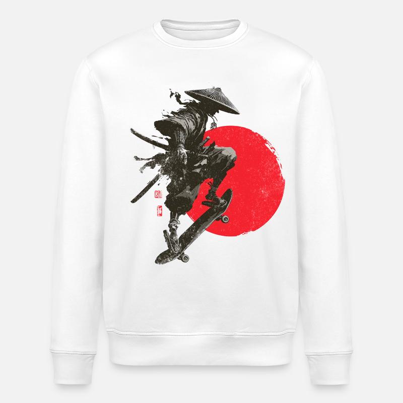 Silhouette eines Samurai-Skaters mit roter Sonne - Stanley/Stella Unisex Bio-Sweatshirt ROLLER - Weiß