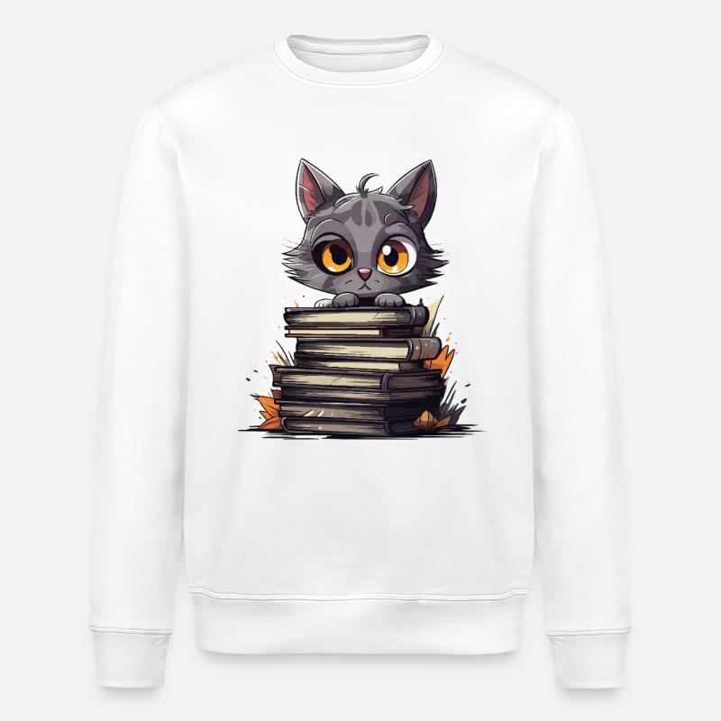 Kätzchen über Bücherstapel - Stanley/Stella Unisex Bio-Sweatshirt ROLLER - Weiß