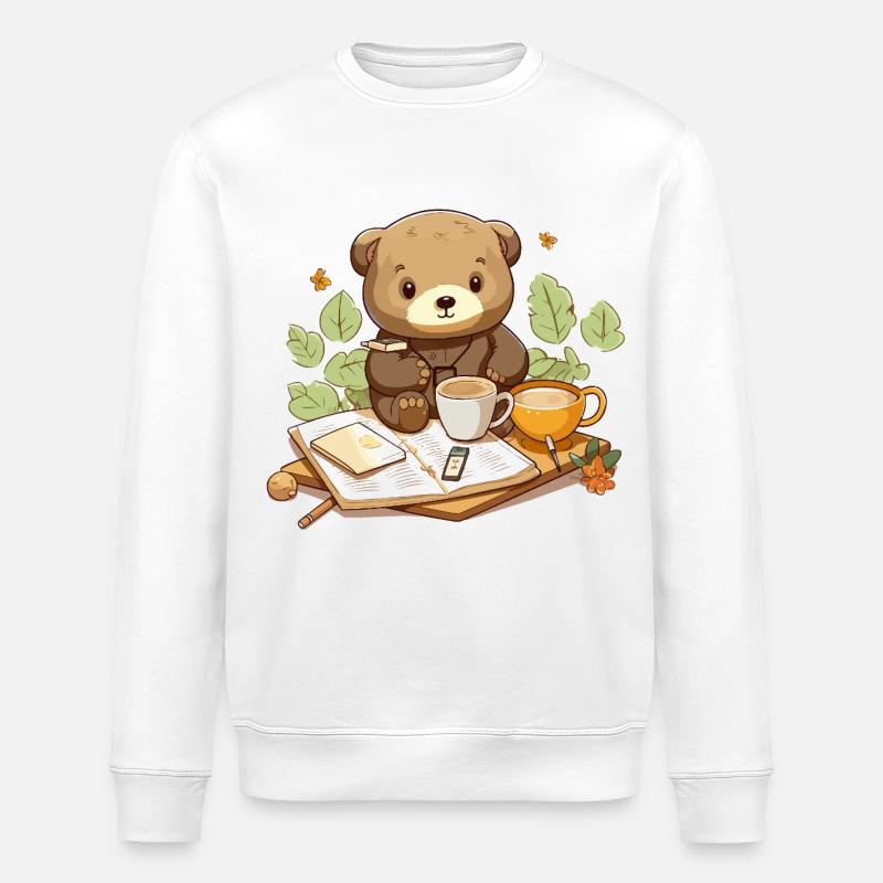 Cuddly bear reading with coffee - Stanley/Stella ROLLER Unisex Organic Sweatshirt - white