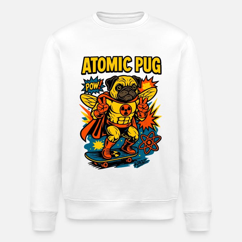 Atomic Pug Hero on Board - Stanley/Stella ROLLER Unisex Organic Sweatshirt - white
