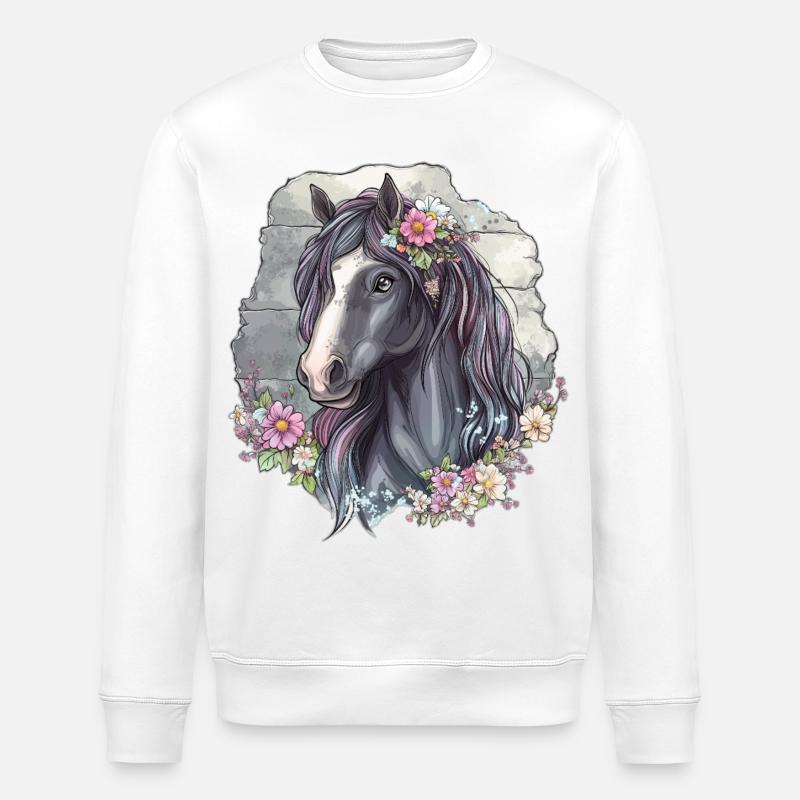 Pferd mit Blüten - Stanley/Stella Unisex Bio-Sweatshirt ROLLER - Weiß