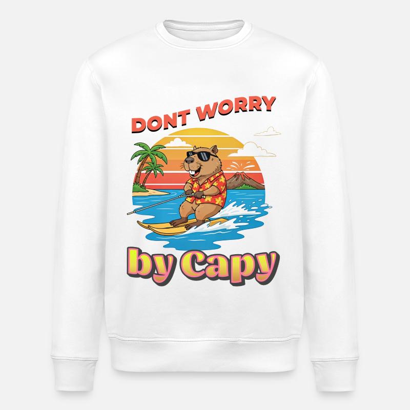 Surfeur capybara au coucher du soleil - Sweat bio ROLLER Stanley/Stella Unisexe - blanc