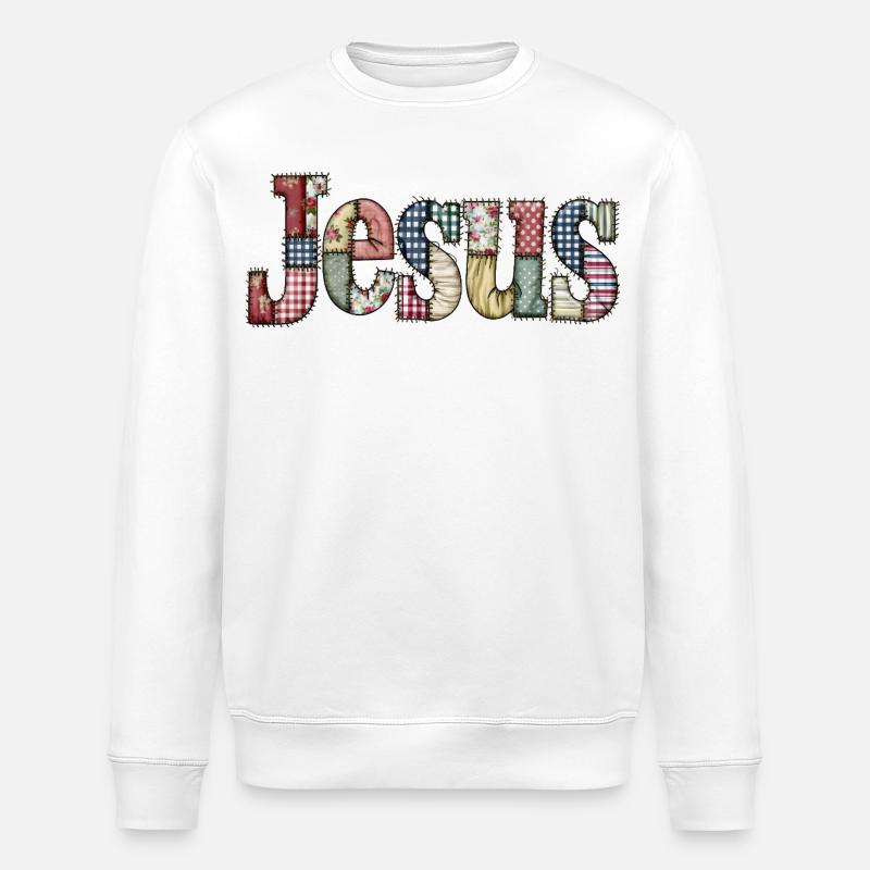 Lettrage Jésus en patchwork - Sweat bio ROLLER Stanley/Stella Unisexe - blanc