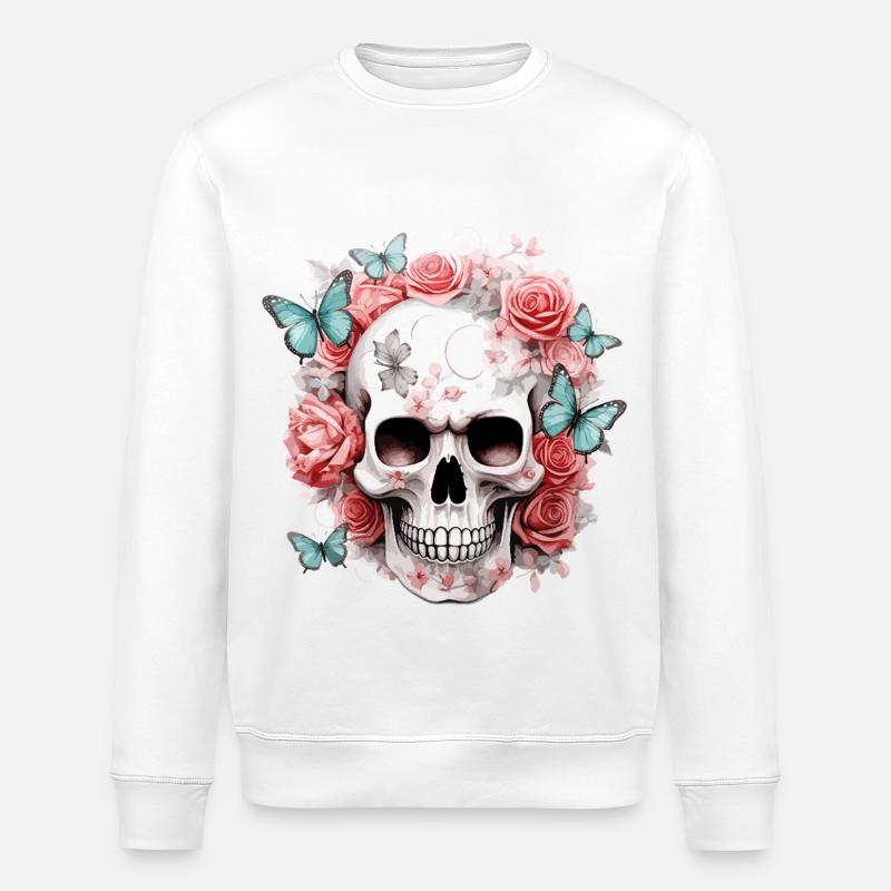 Crâne, Crâne, Roses, Fleurs, Papillons - Sweat bio ROLLER Stanley/Stella Unisexe - blanc
