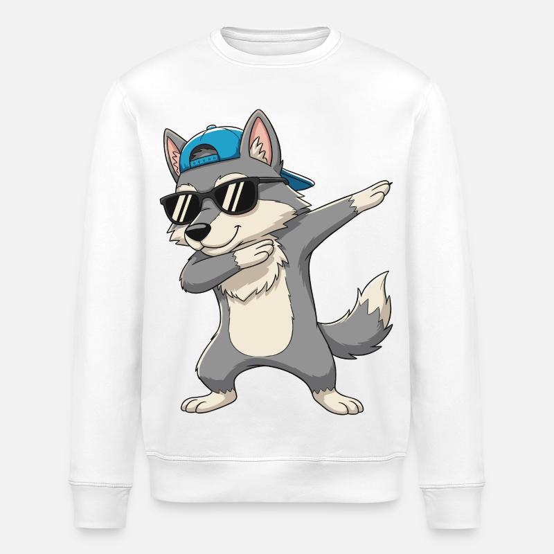 Cool Dabbing Wolf Sunglasses Cartoon Art - Stanley/Stella ROLLER Unisex Organic Sweatshirt - white