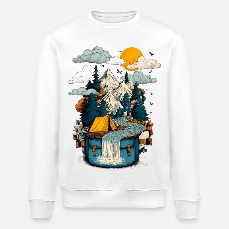 Mountain Lake Path - Camping Backpacker Motif - Stanley/Stella ROLLER Unisex Organic Sweatshirt - white