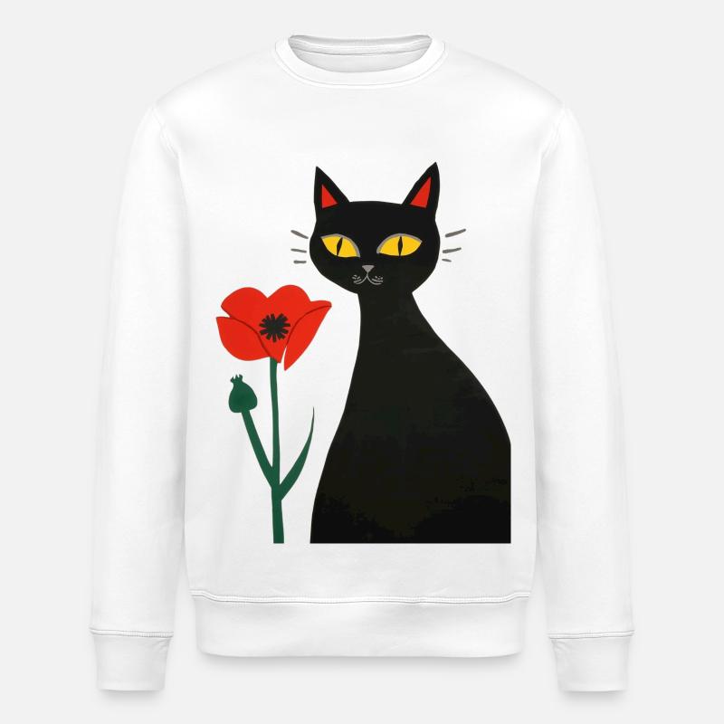 Chat noir avec des coquelicots - Sweat bio ROLLER Stanley/Stella Unisexe - blanc