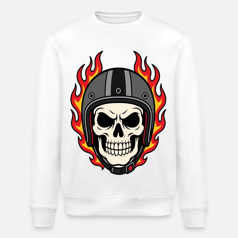 Flaming Skull with Motorcycle Helmet - Stanley/Stella ROLLER Unisex Organic Sweatshirt - white