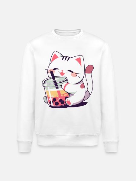 Cat Drinking Bubble Tea Boba and Cats Anime - Stanley/Stella ROLLER Unisex Organic Sweatshirt - white
