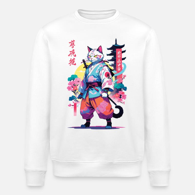 Samurai Cat Vaporwave Aesthetic - Stanley/Stella ROLLER Unisex Organic Sweatshirt - white