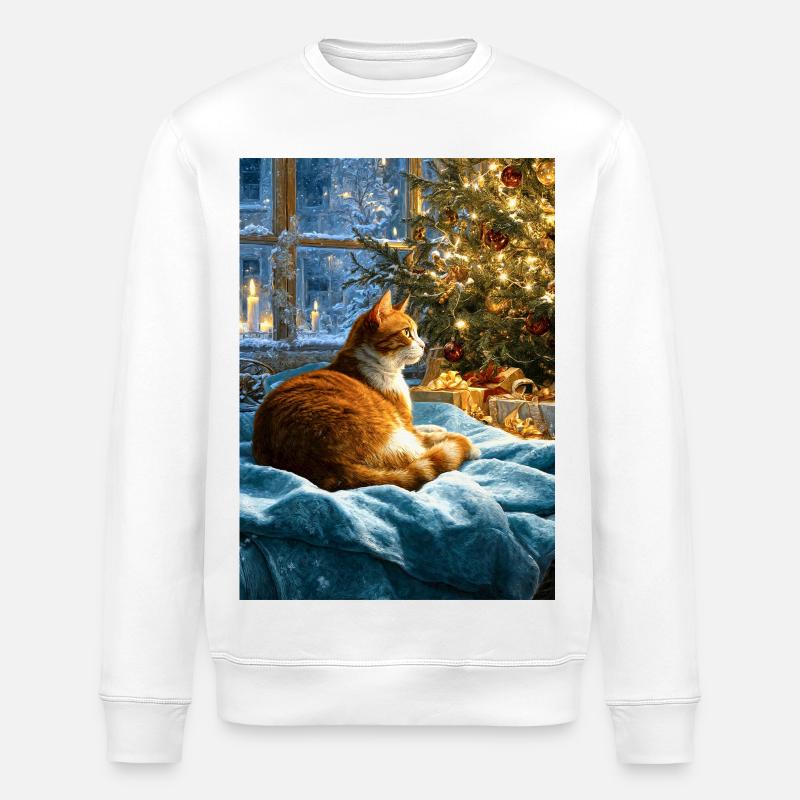 Cozy Christmas Cat by Tree - Stanley/Stella ROLLER Unisex Organic Sweatshirt - white