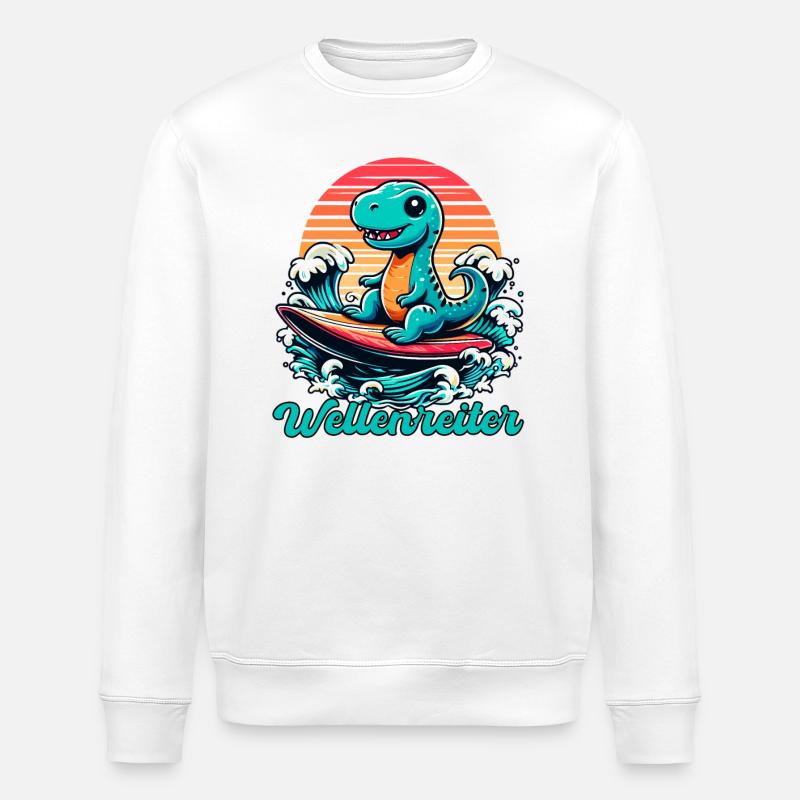 Cute T-Rex Surfer Surfing Gift - Stanley/Stella ROLLER Unisex Organic Sweatshirt - white