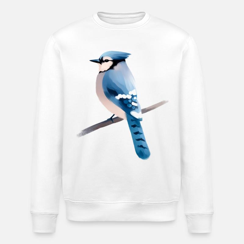 Blue jay on branch - Stanley/Stella ROLLER Unisex Organic Sweatshirt - white