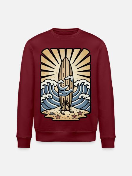 Wooden Surfboard Ocean Waves Sun Retro - Stanley/Stella ROLLER Unisex Organic Sweatshirt - white