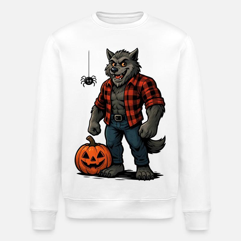 Halloween Werewolf with Pumpkin and Spider - Stanley/Stella ROLLER Unisex Organic Sweatshirt - white