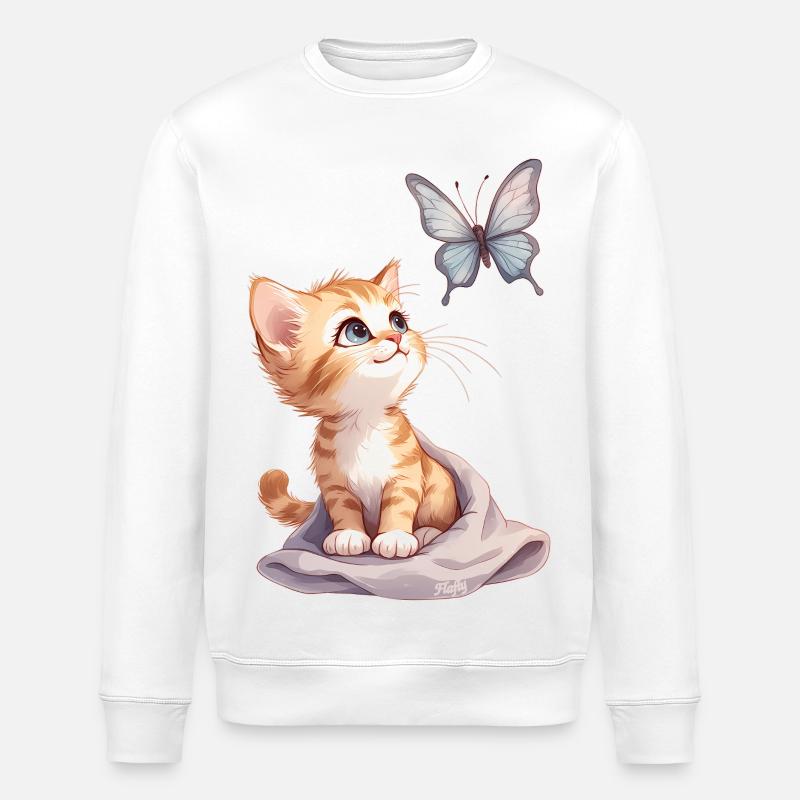 Kawaii Curious Chatten et Papillon 🐱🦋 - Sweat bio ROLLER Stanley/Stella Unisexe - blanc