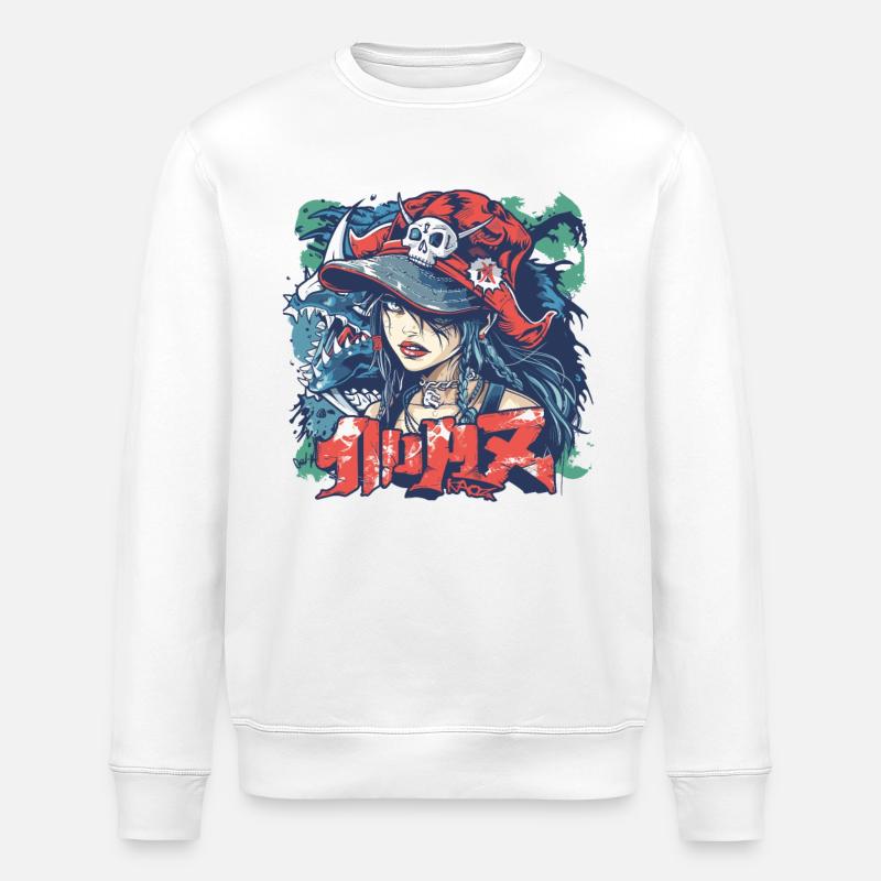 90er Anime-Manga-Mädchen Piratenstil mit Graffiti - Stanley/Stella Unisex Bio-Sweatshirt ROLLER - Weiß