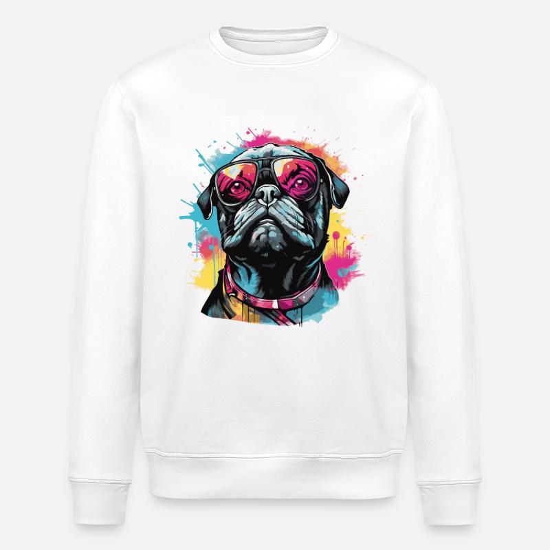 Mops Hund mit Sonnenbrille - Stanley/Stella Unisex Bio-Sweatshirt ROLLER - Weiß