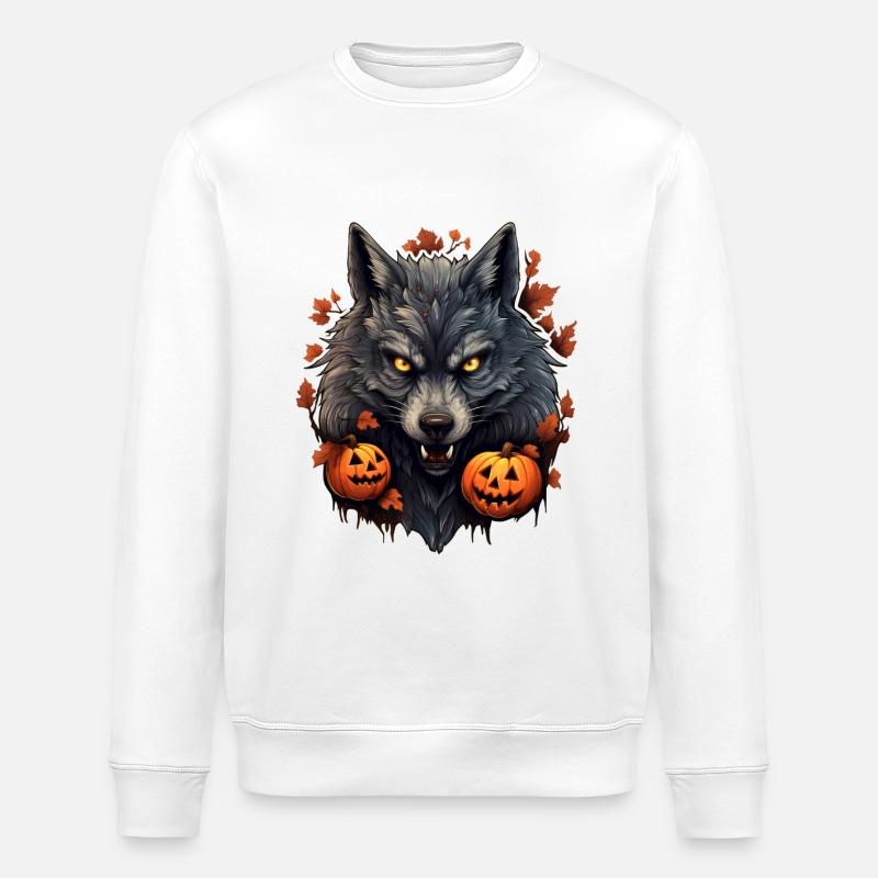 Halloween Wolf with Pumpkin - Stanley/Stella ROLLER Unisex Organic Sweatshirt - white