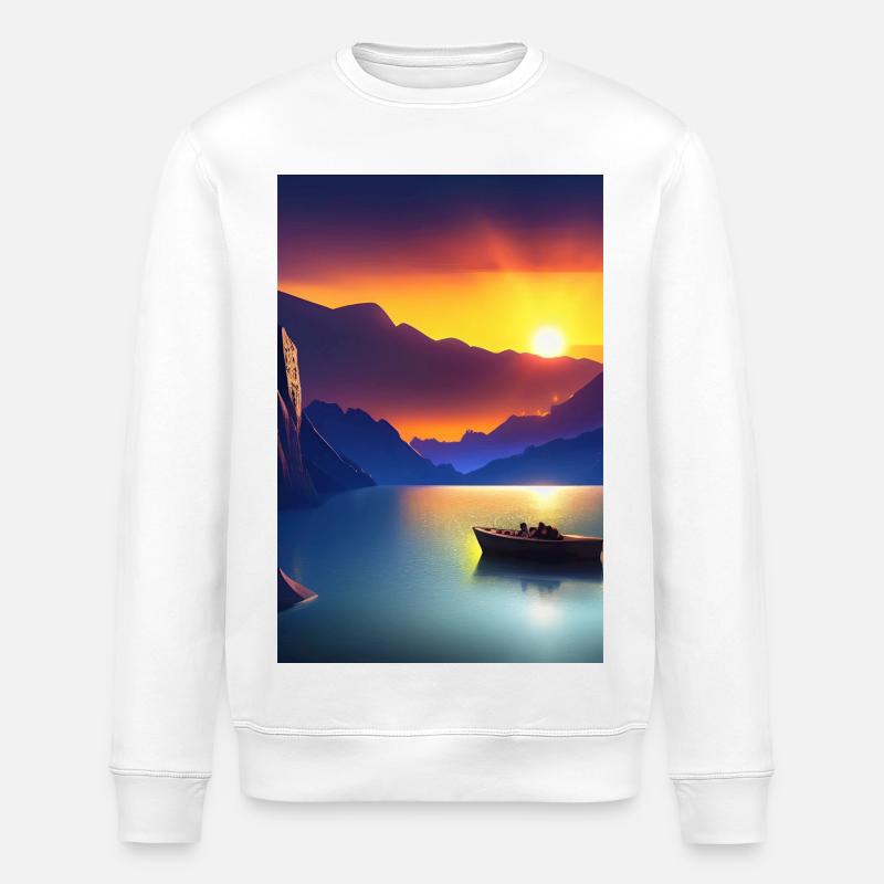 Landschaft mit See, Boot und Berge - Stanley/Stella Unisex Bio-Sweatshirt ROLLER - Weiß