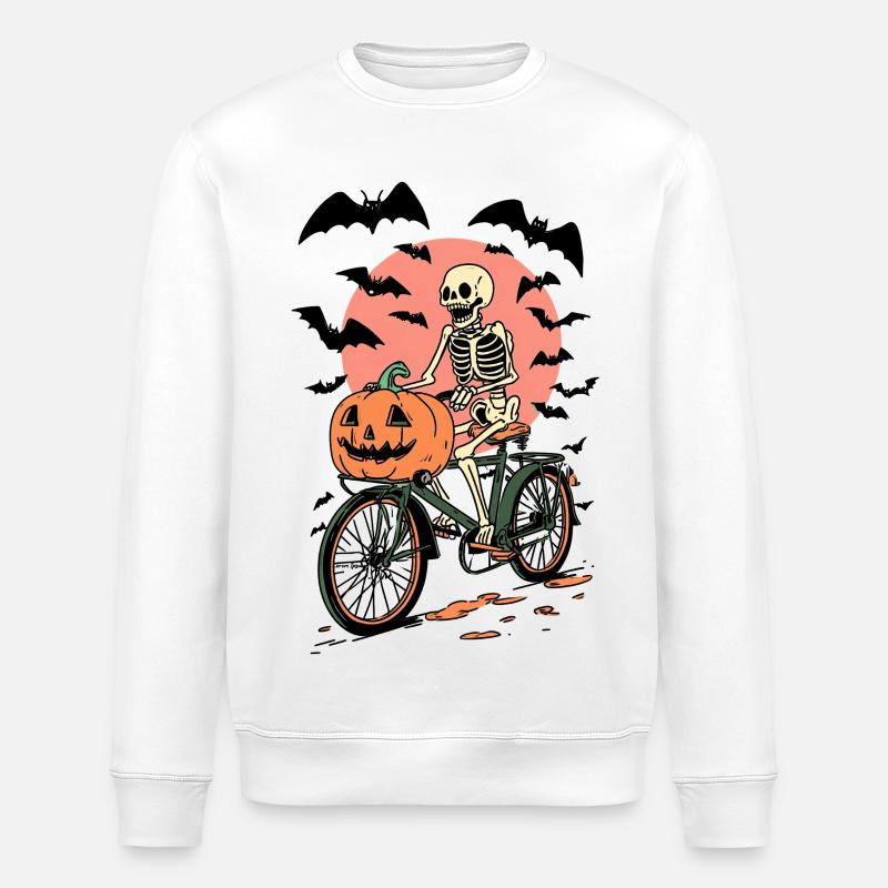 Skeleton on Bicycle with Pumpkin - Stanley/Stella ROLLER Unisex Organic Sweatshirt - white