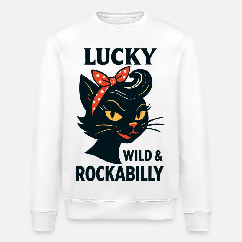 Lucky, Wild & Rockabilly : Black Retro Cat - Sweat bio ROLLER Stanley/Stella Unisexe - blanc
