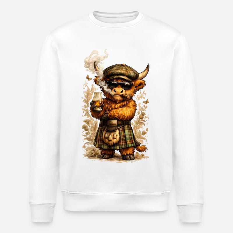 Highland Cattle with Whisky and Cigar - Stanley/Stella ROLLER Unisex Organic Sweatshirt - white