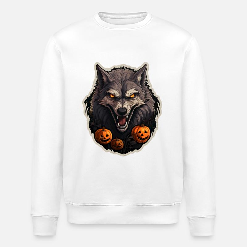 Halloween Wolf with Pumpkin - Stanley/Stella ROLLER Unisex Organic Sweatshirt - white