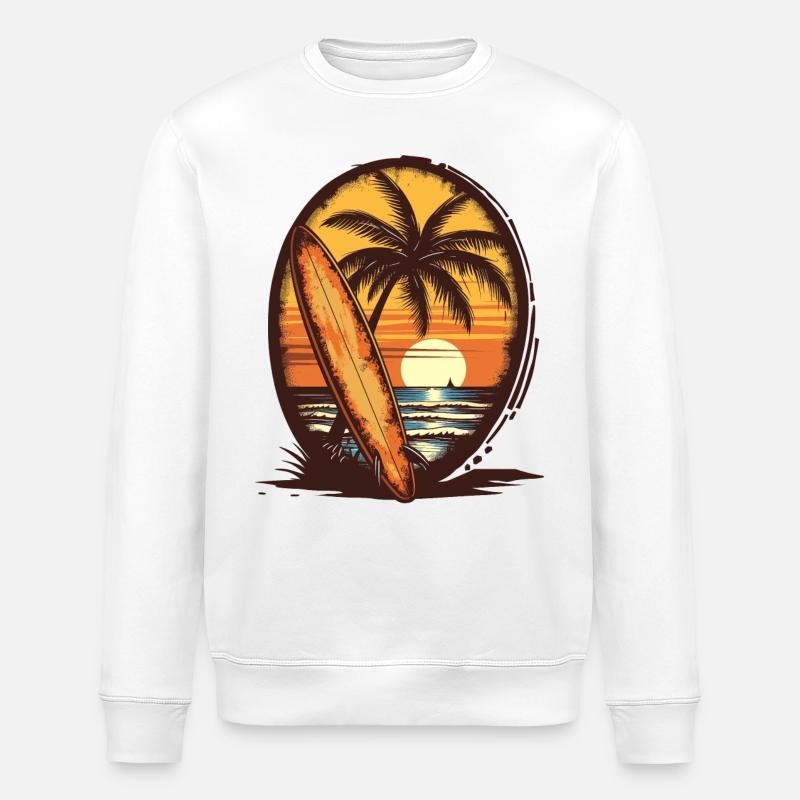 Sunset Surfboard Palm Trees - Stanley/Stella ROLLER Unisex Organic Sweatshirt - white