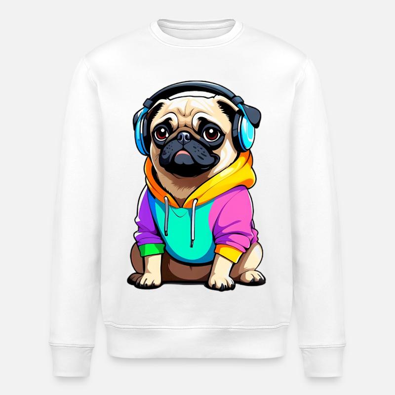 Pug mit Kopfhörer und Kleidung - Stanley/Stella Unisex Bio-Sweatshirt ROLLER - Weiß