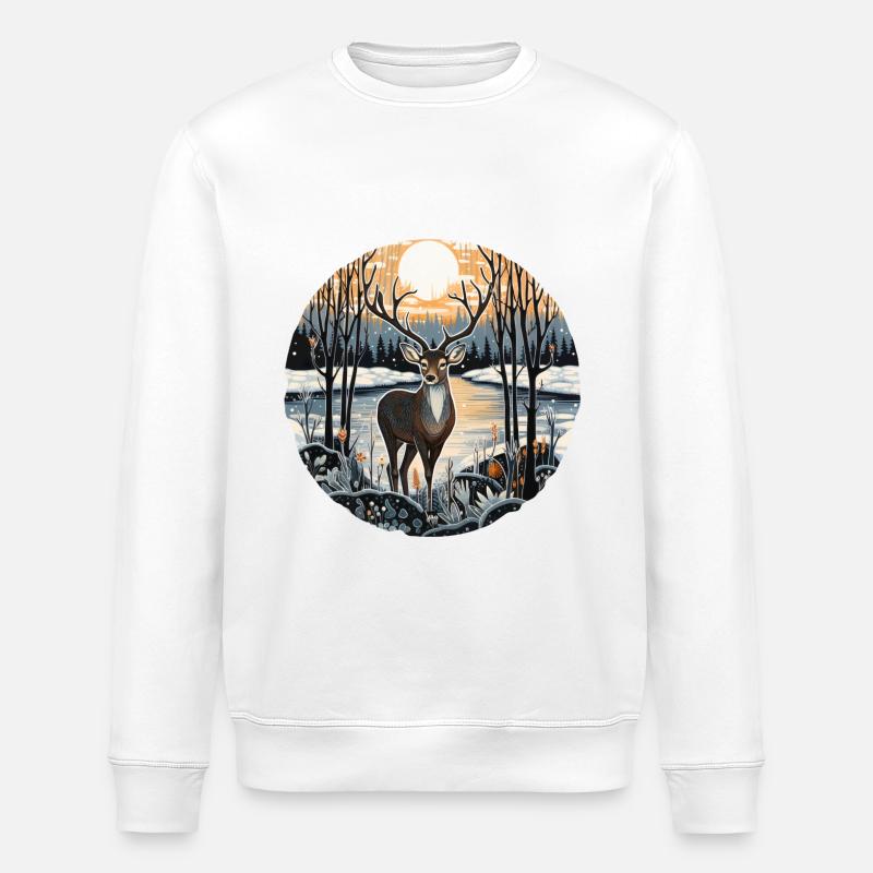 Winterlandschaft mit Hirsch - Stanley/Stella Unisex Bio-Sweatshirt ROLLER - Weiß