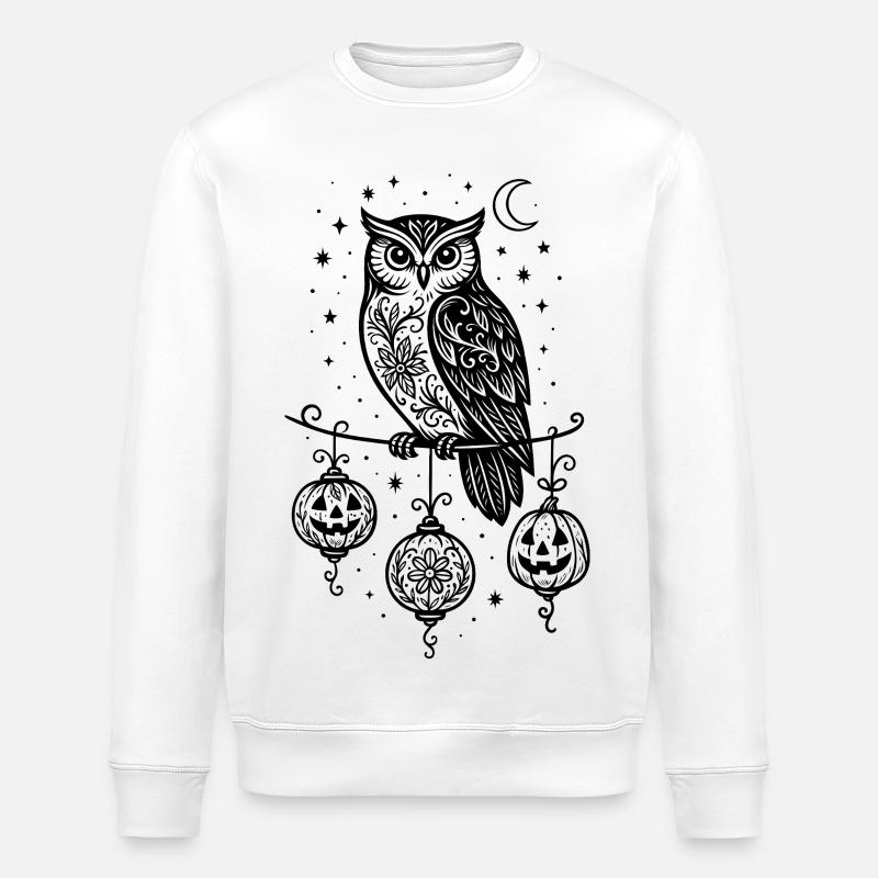 Halloween Eule mit Kürbis Laternen & Sternen - Stanley/Stella Unisex Bio-Sweatshirt ROLLER - Weiß