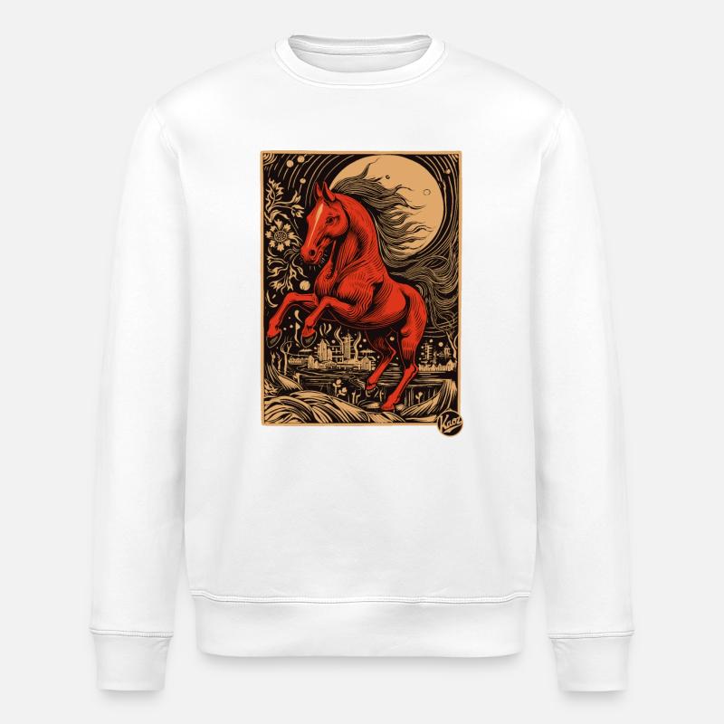 Holzschnitt, ein rotes Pferd - Stanley/Stella Unisex Bio-Sweatshirt ROLLER - Weiß