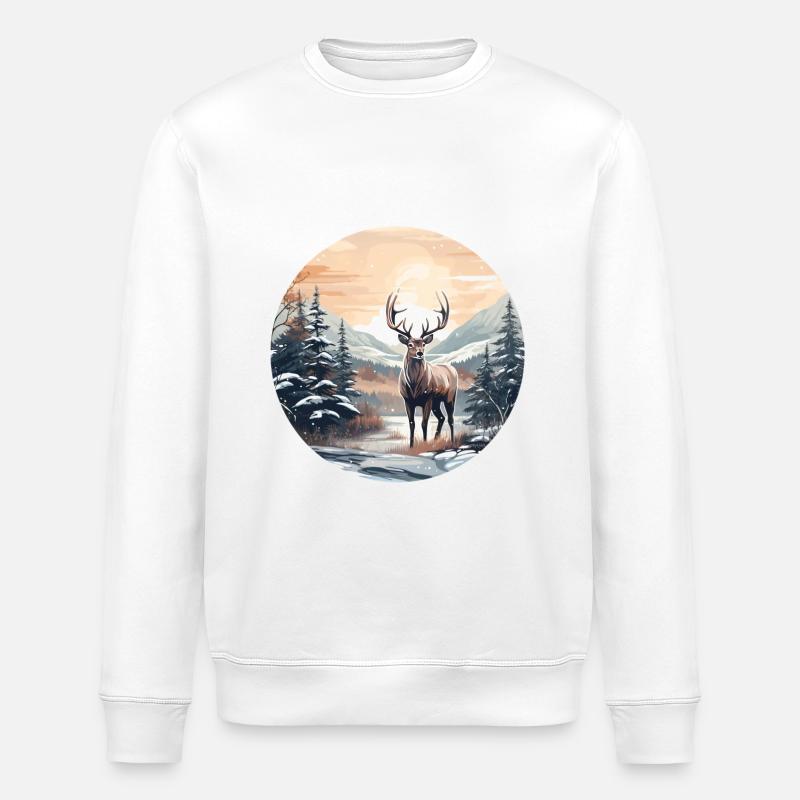 Winterlandschaft mit Hirsch - Stanley/Stella Unisex Bio-Sweatshirt ROLLER - Weiß