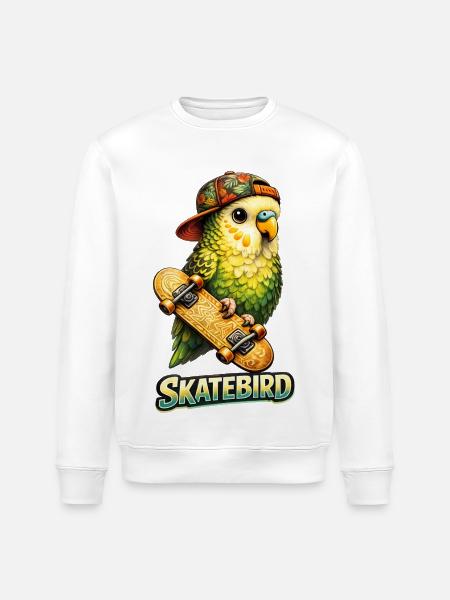Skatebird – Tropical Parrot with Skateboard & Ca - Stanley/Stella ROLLER Unisex Organic Sweatshirt - white
