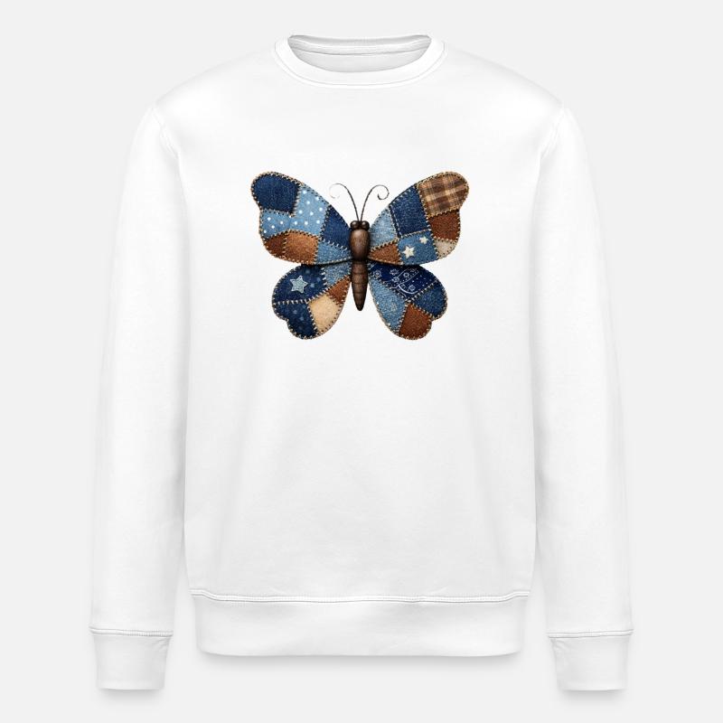 Patchwork Denim Butterfly - Stanley/Stella ROLLER Unisex Organic Sweatshirt - white