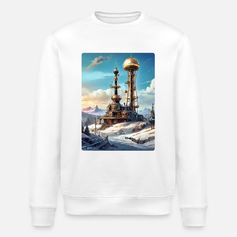 Steampunk Winterlandschaft mit Funkturm 1.8 - Stanley/Stella Unisex Bio-Sweatshirt ROLLER - Weiß