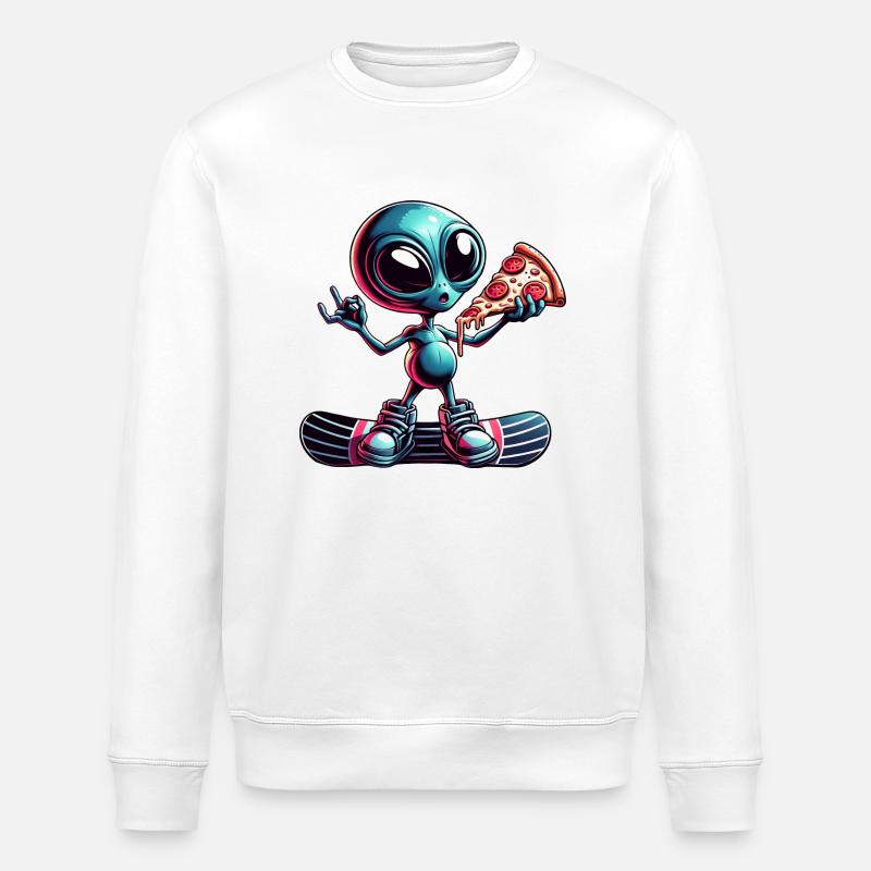Alien Snowboarder: Pizza-Action - Stanley/Stella Unisex Bio-Sweatshirt ROLLER - Weiß