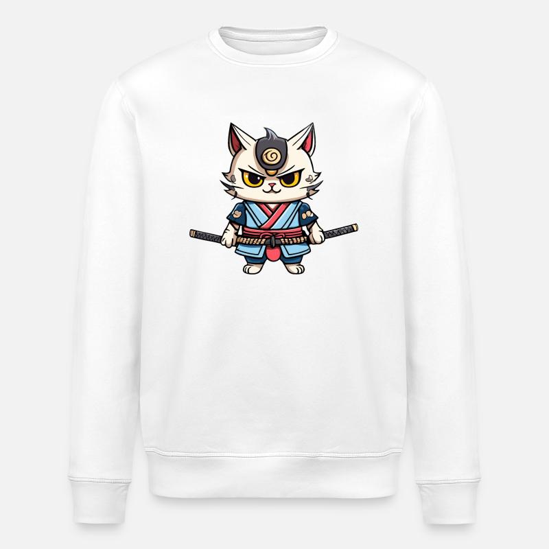 Samurai Cat #38 - Stanley/Stella ROLLER Unisex Organic Sweatshirt - white