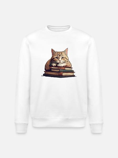Gatto carino su una pila di libri - Felpa ecologica unisex ROLLER di Stanley/Stella - bianco